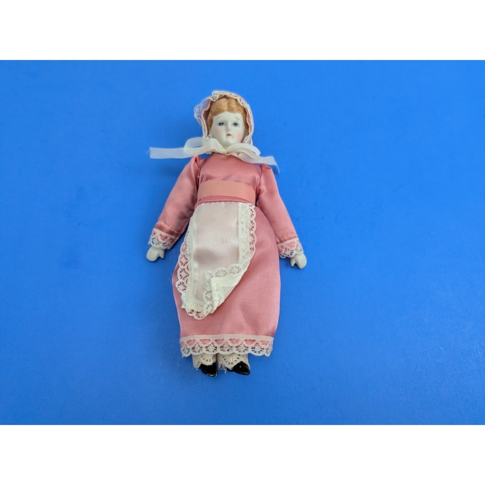 Vtg Doll with Porcelain Head, Arms, Feet Cloth Body 7.5" Embroidery Lace.